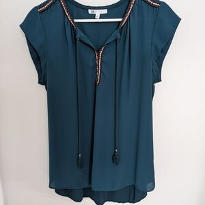 DR2 Teal Cap-Sleeve Tassel Tie Top with Metallic Braid